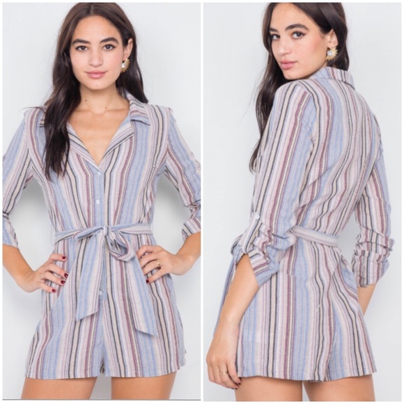 Mustard Seed Lilac Taupe V-Neck Striped Romper - Picture 1 of 8